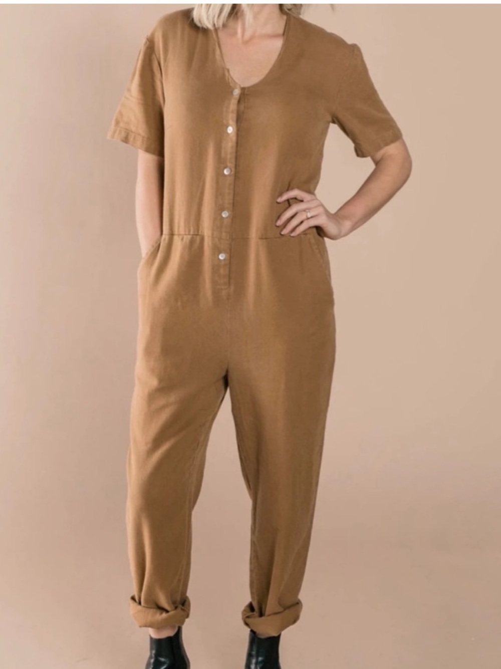 Rylee + Cru Short Sleeve Button-Front Jumpsuit in Camel